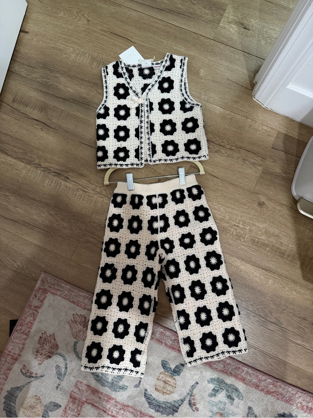 Zara Cream & Black Crochet Floral Vest and Pants Set
